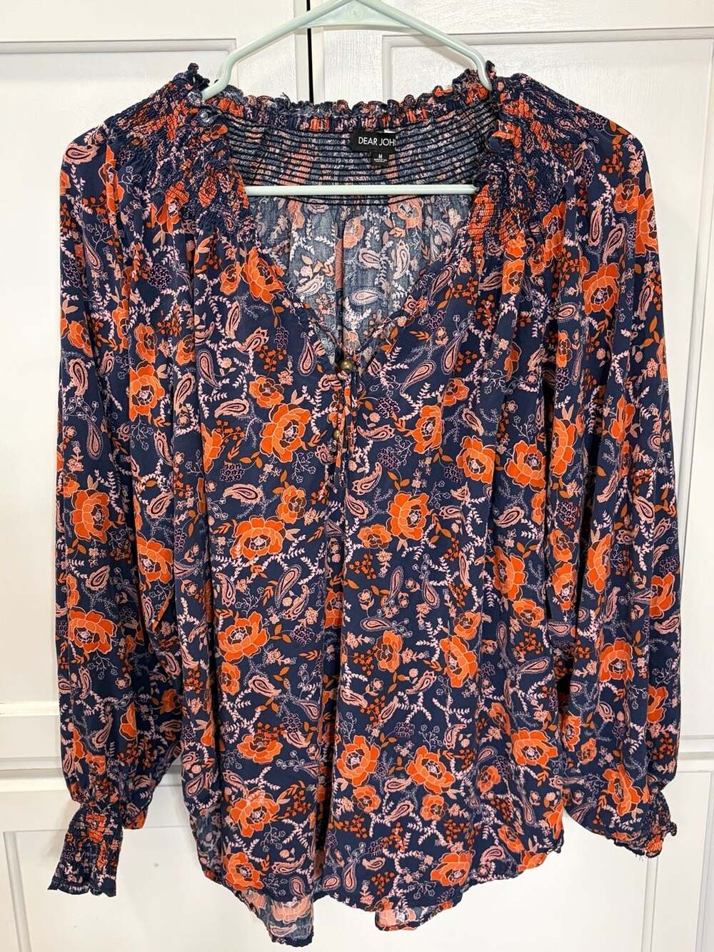 Dear John Floral Paisley Peasant Blouse Women’s Medium Navy Orange Boho